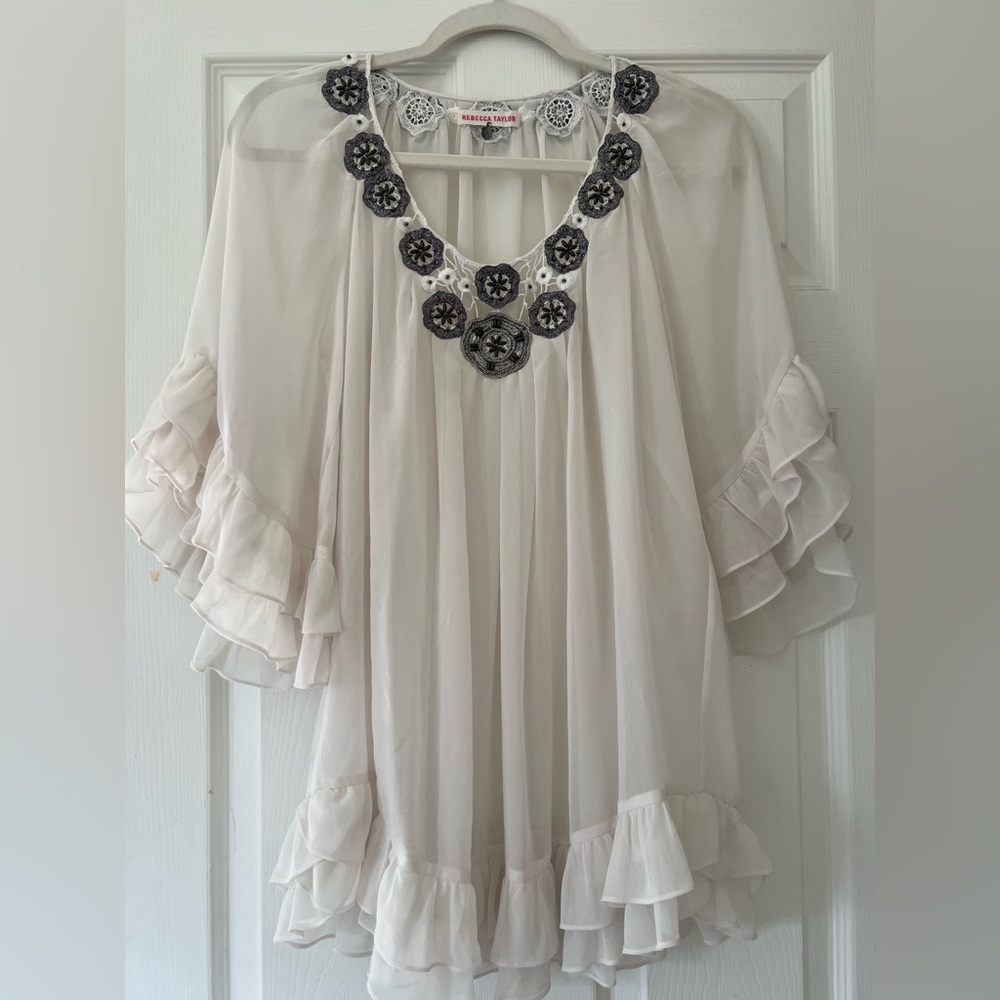 Rebecca Taylor Sheer White Blouse with Black Floral Accents. (Taylor Swift)